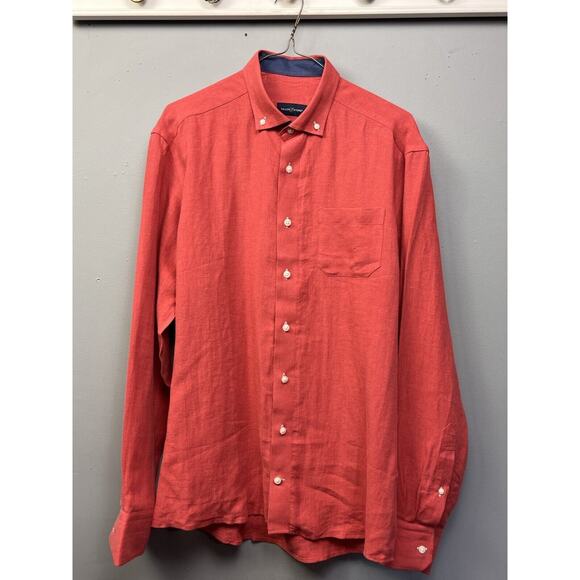 Tailor Store Linen shirt Mens‎ Medium Coral Button Down Preppy Coastal Beach - Picture 1 of 7